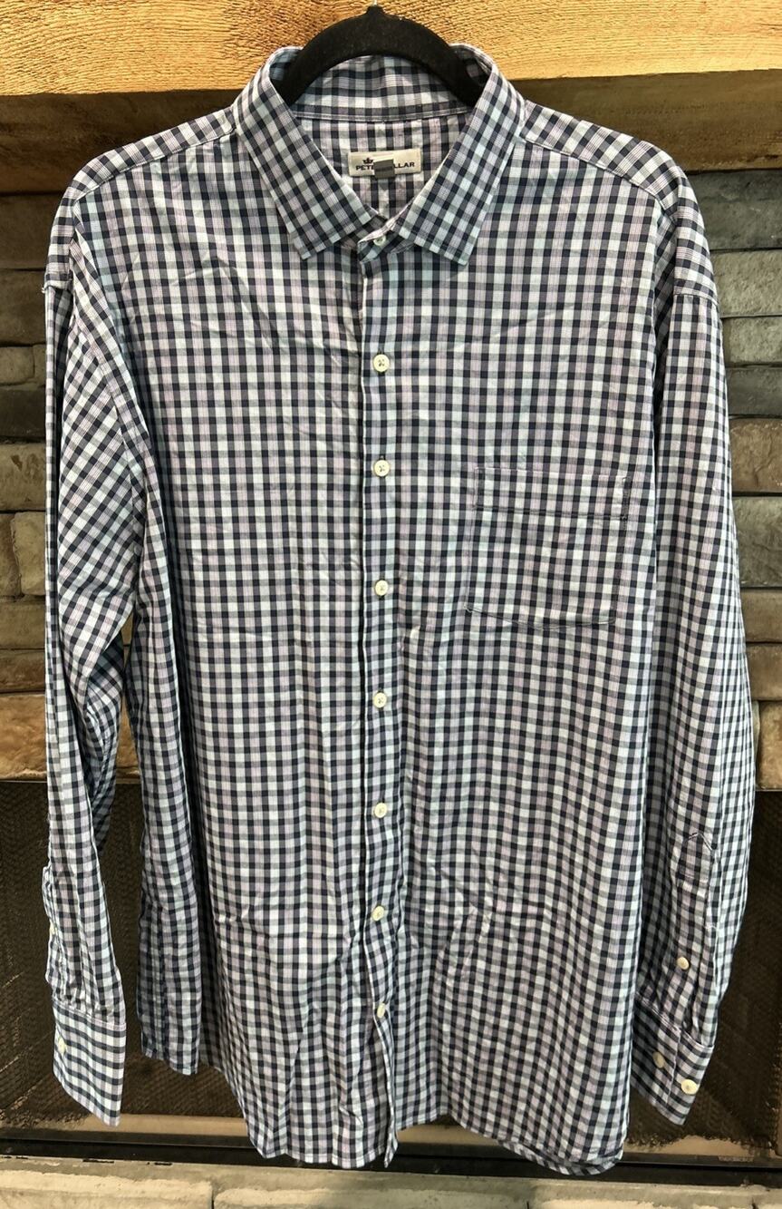 Men’s PETER MILLAR Plaid Blues/Purple Long Sleeve Button Up Shirt Size XL *B3